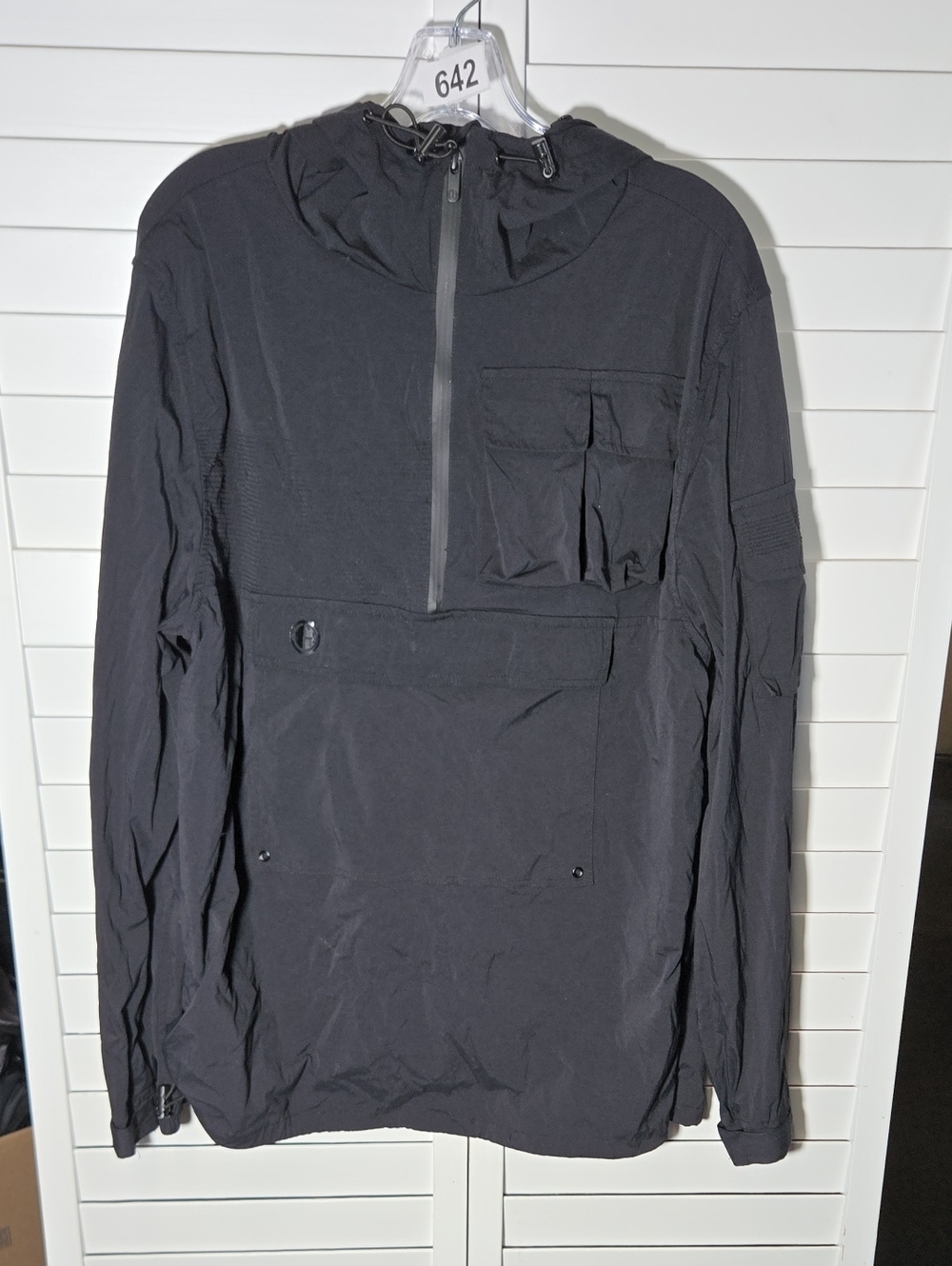 Men's Black Hooded Anorak Jacket - Lightweight Windbreaker Size L